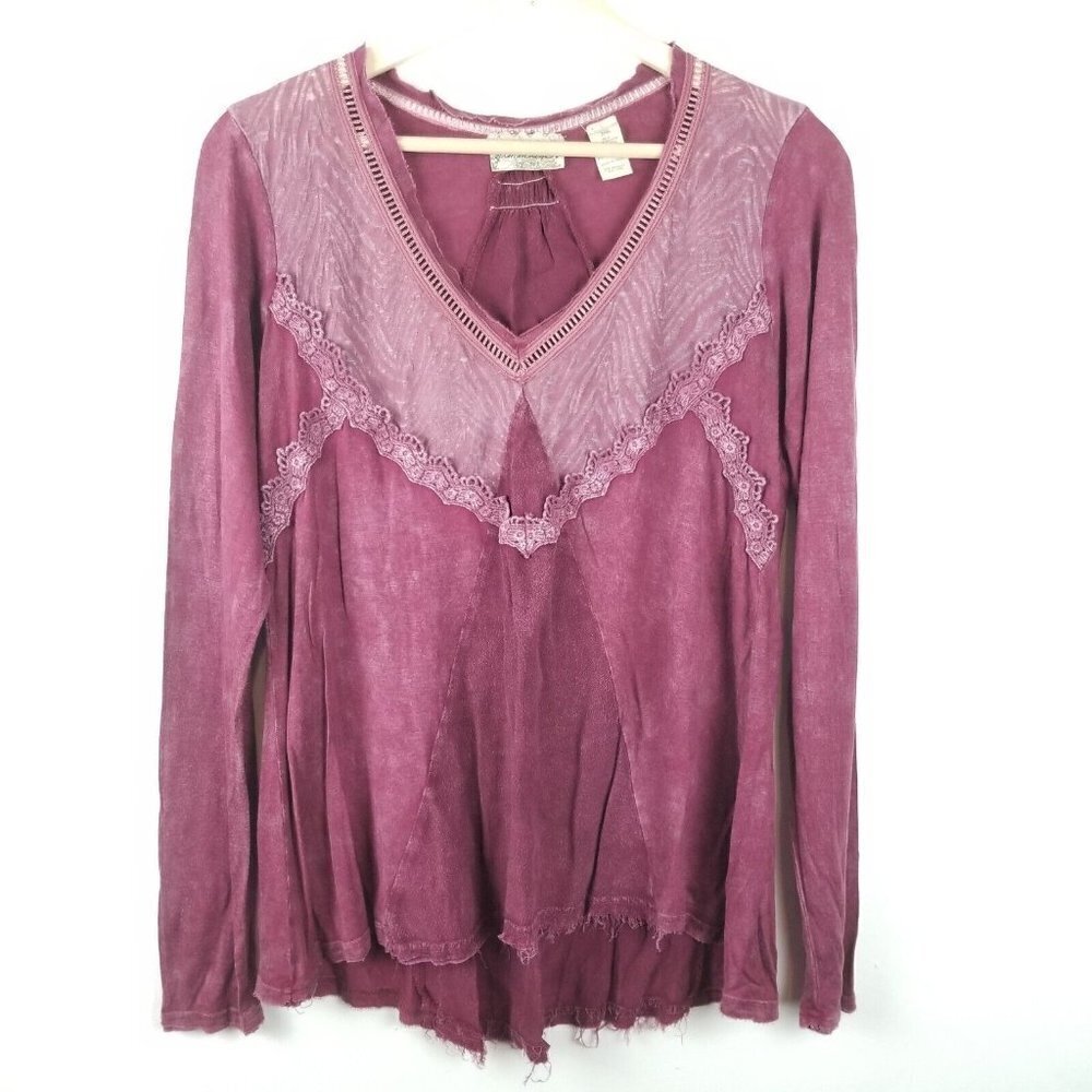 Gimmicks BKE Shirt Womens XS Maroon Blouse‎ Boho Lace Distressed Grunge Festival